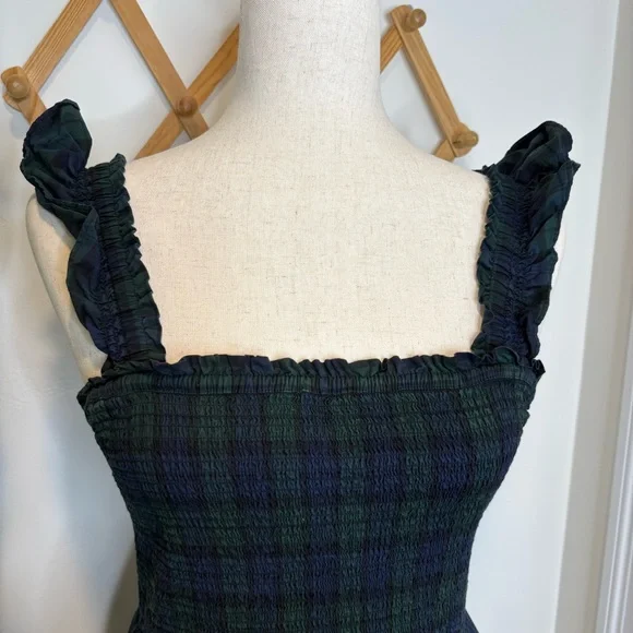 J Crew Smocked Tiered Midi Dress in Tartan Plaid Navy Green - Picture 3 of 8